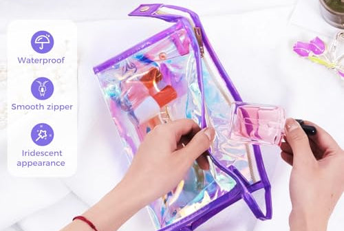 Schillernde Make-up-Taschen von Coetic, wasserdicht, tragbar, mit Reißverschluss, transparent, holografische Kulturbeutel, Junggesellinnenabschied, 10 Stück